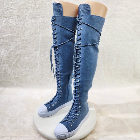 Knee High Canvas Sneakers with Rhinestone Laces - Picture 2 of 11